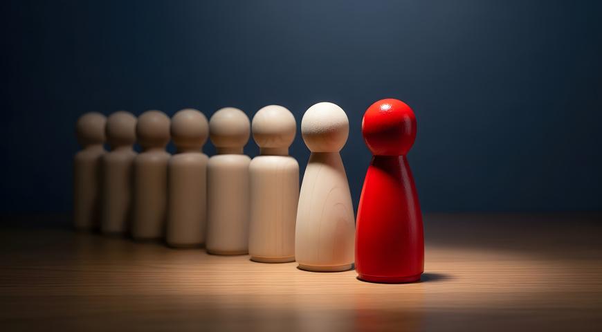 A red simplifed carving of a person leads a line of unpainted figures.