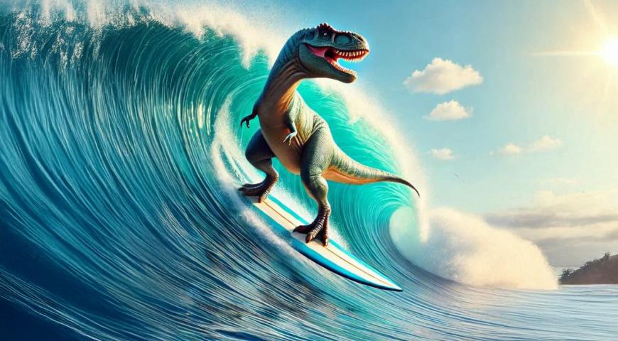 A dinosaur on a surfboard catching a wave