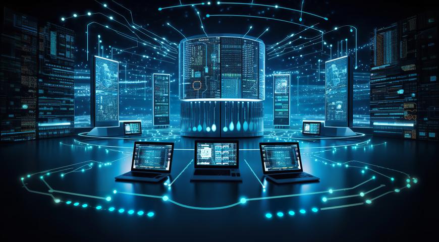 Dighital technology on display with laptops and screen with interconnected glowing lines.