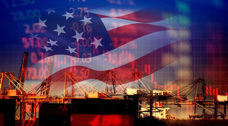 The USA Flag and a stockmarket ticker superimposed over a shipping port