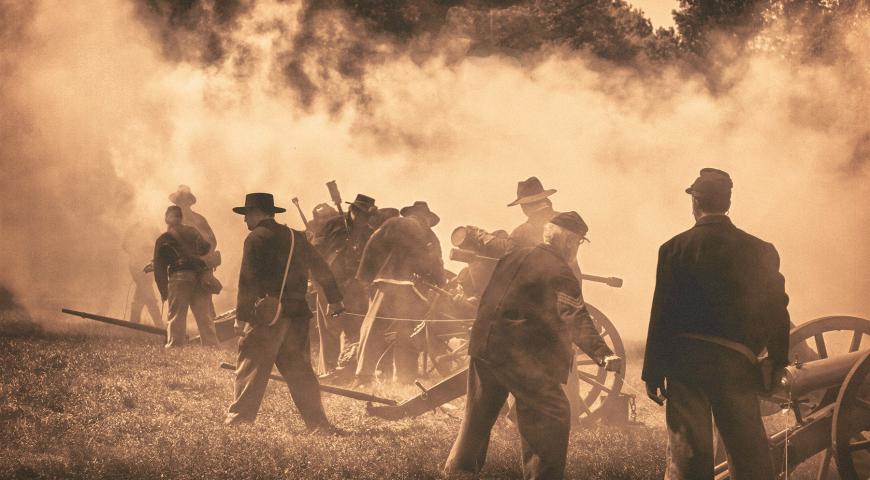 A sepia photo of a US Civil War re-enactment.