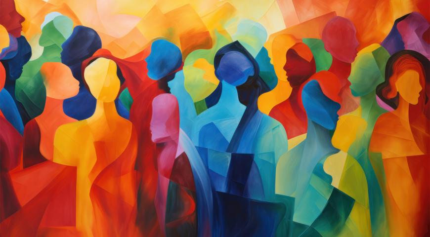 An abstract painting of multi coloured people