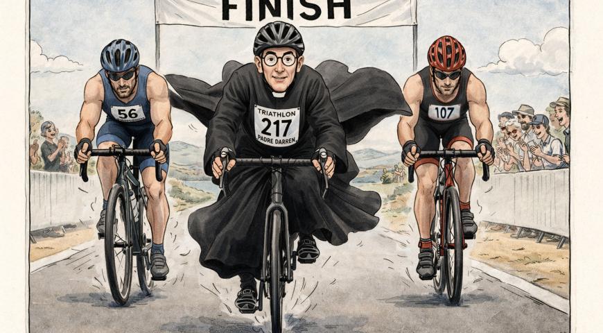 Cartoon showing a slim padre in robes on a bicycle winning a triathalon against two very heavily muscled men.