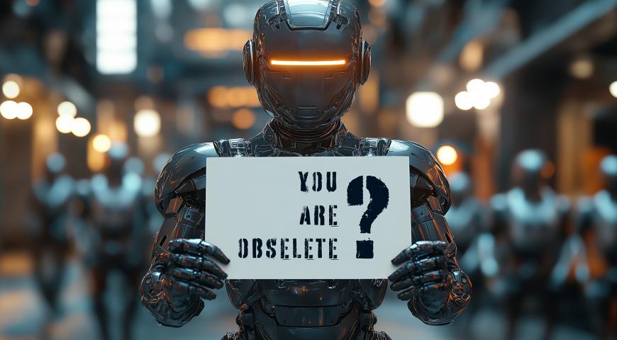 A robot holding a sign that asks if the reader is obselete