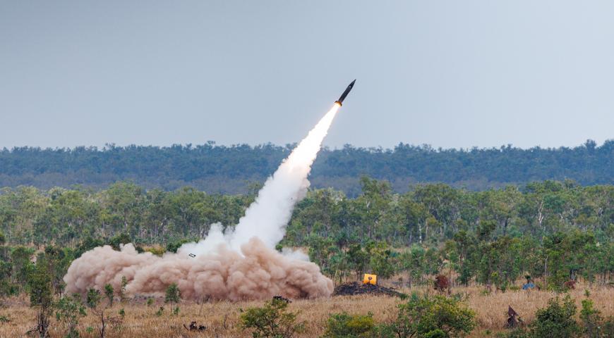 An Australian Army HIMARS from 14th Regiment, Royal Australian Artillery, fires a Precision Strike Missile (PrSM) from Mount Bundey Training Area, Northern Territory during Exercise Talisman Sabre 2025.