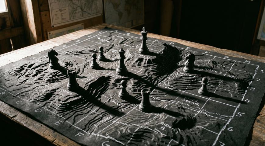 A topological map with chess pieces strategically placed.