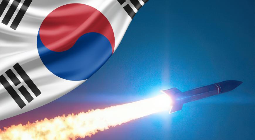 The South Korean Flag over a nuclear missle in flight