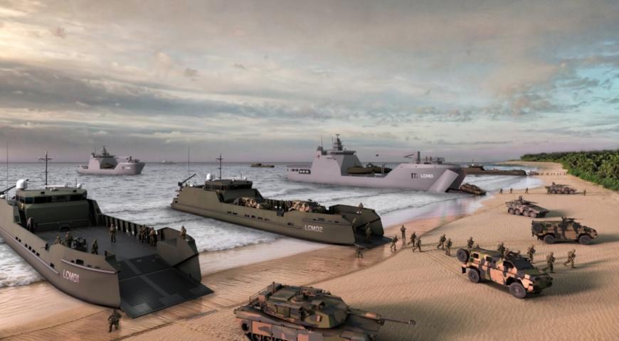 Landing craft in a littoral environment showing littoral combat vehicles