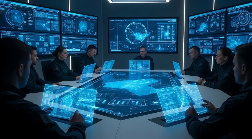 Scci-fi based miltary planning imag with military offers sitting around a planning table with futuristic displays