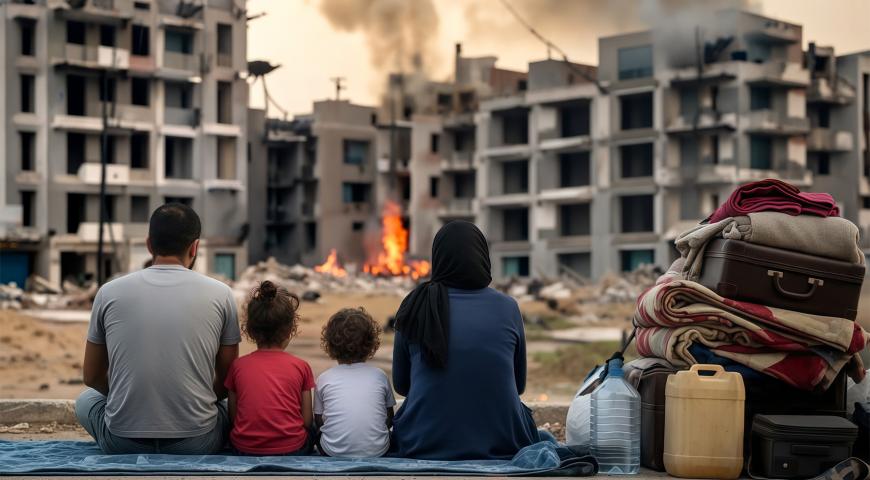 A displaced family watches their city burn