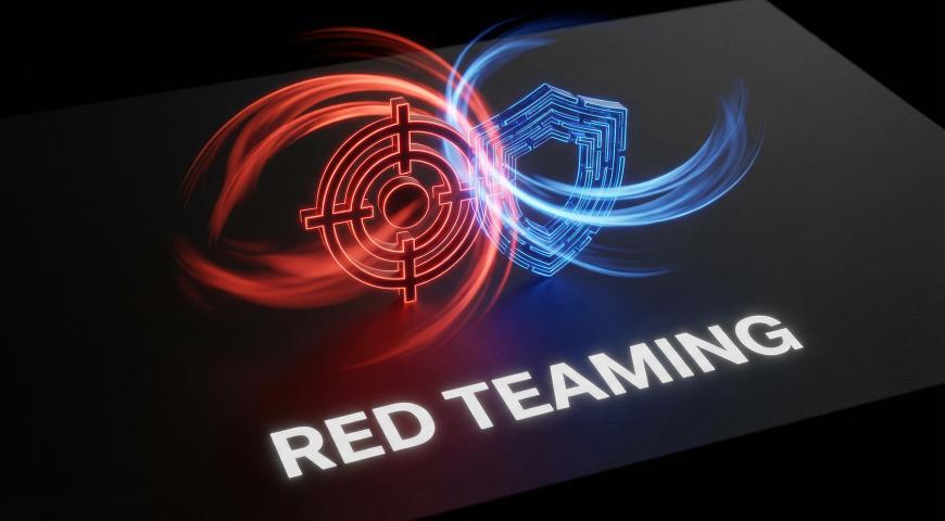 A red target shape attacking a blue sheild shape with the legend Red Teaming across the bottom