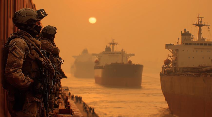 Soldiers watching oil Tank Ships