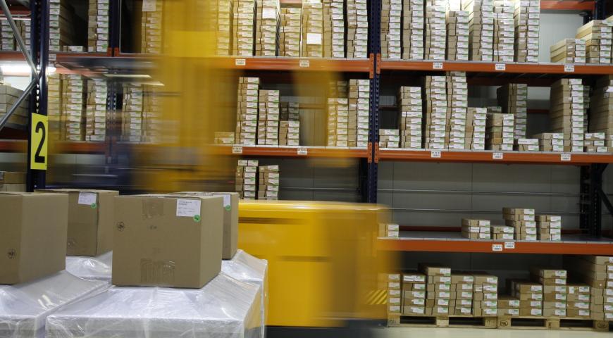 Boxes on shelves
