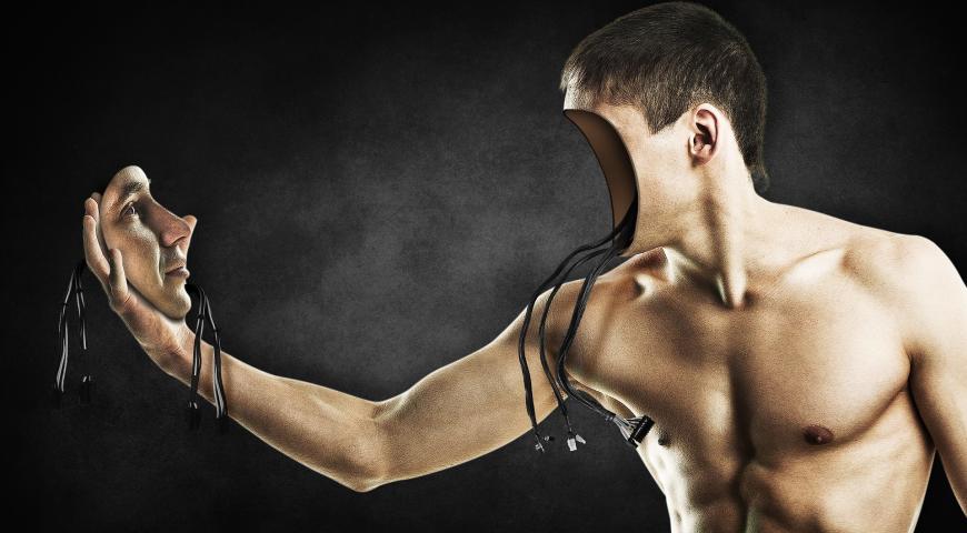 Himan man removing his face and showing circuitry beneath