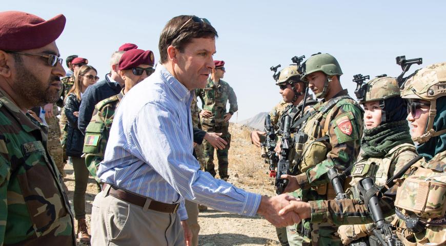 US Defense Secretary Dr. Mark T. Esper meets with members of the Afghan special forces to observe their training at Camp Commando, Afghanistan, Oct. 21, 2019