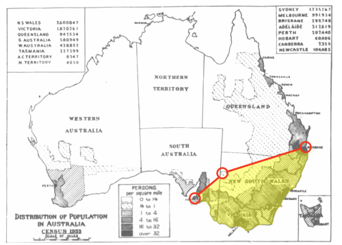 Map showing the S-E corner bounded by a line from Adelaide to Broken Hill to Brisbane, that would be protected under the Petersburg Plan