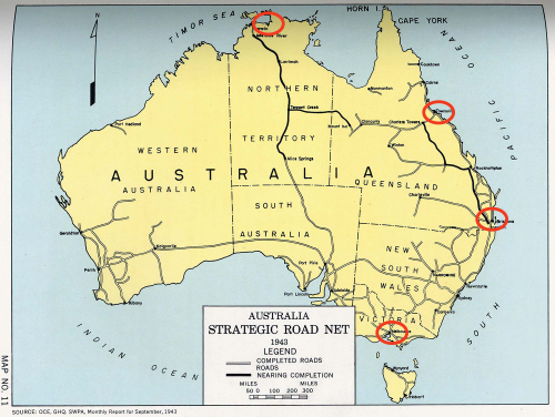 Map of Australia highlighting Melbourne, Brisbane, Townsville and Darwin