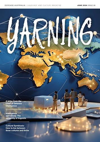 The cover to Yarning Magazine June 2024 - Time people staring at a large World Map