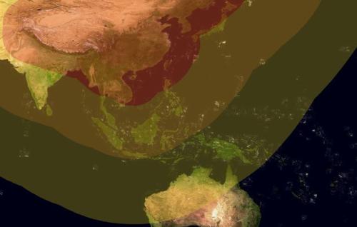Map showing strike ranges for missile from China toward Australia