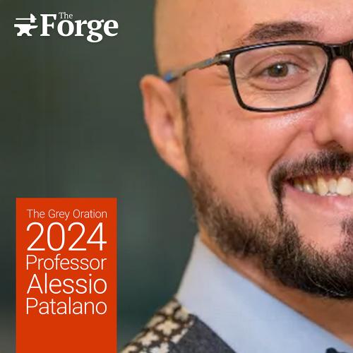 Professor Alessio Patalano portrait with Forge logo and Title saying the Grey Oration 2024
