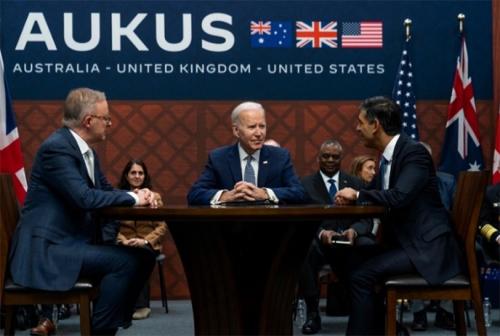 AUKUS meeting photo with Athony ALbanese, Joe Bidden and Rishi Sunnick