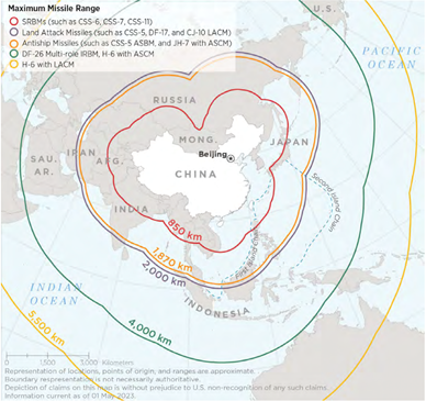 PLA Fielded conventional strike capabilities. A Map of china with the strike limits drawn around it