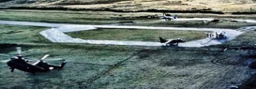 Temporary Forward Arming and Refuelling Point (FARP) constructed at San Carlos during the Falklands War.