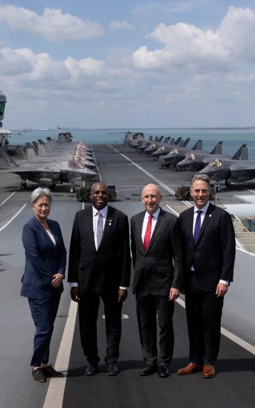 Deputy Prime Minister and Minister for Defence Richard Marles, Minister for Foreign Affairs Penny Wong, UK Secretary of State for Foreign, Commonwealth and Development Affairs the Rt Hon David Lammy MP and Secretary of State for Defence the Rt Hon John Healey MP on board HMS Prince of Wales in Darwin.