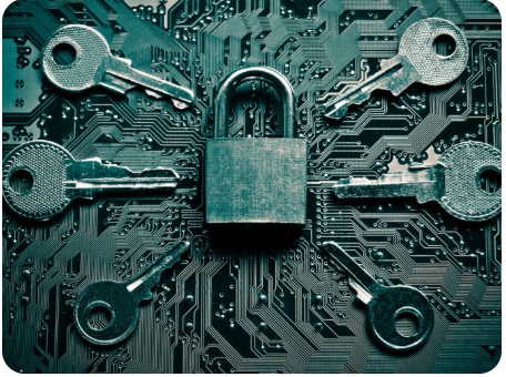 A padlock surrounded by different keys