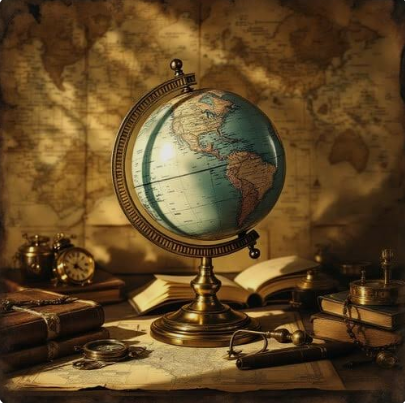A globe of the world on a desk with 19th Centuary artefacts and books 
