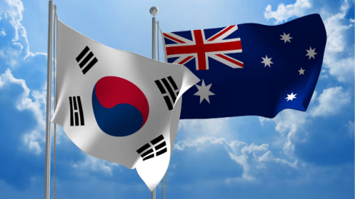South Korea flag in frontg of an Australian flag