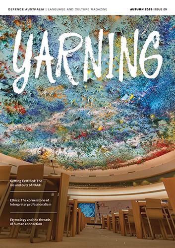 The cover of Yarning Autumn 2026 edition. FOcuses on the roof of a meeting place hung with multicoloured rock formations.